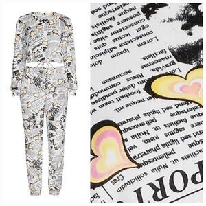 Juniors' XXL 2pc Velour Newspaper Print Crop Top + High Rise Joggers Stretch NWT